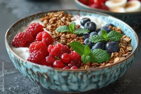 Fototapeta A healthy breakfast bowl with yogurt, granola, fresh berries, and a drizzle of honey. 