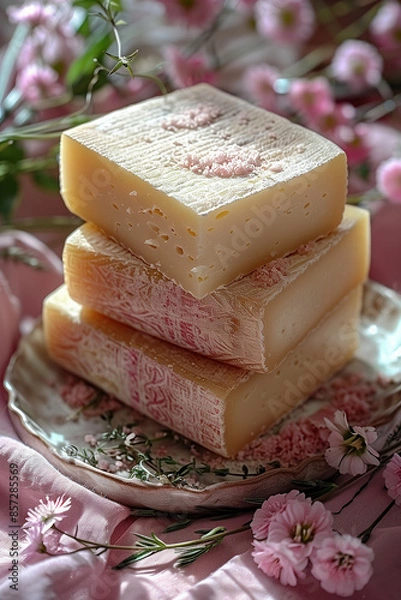 Fototapeta Professional cheese packshot, in the style of a perfume packshot, on a pink background with light reflections and hard shadows, super modern, shot in studio