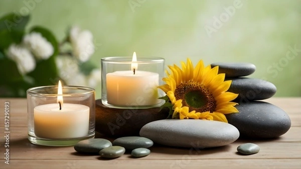 Fototapeta 禅石とキャンドルのリラクゼーション/ひまわりの花