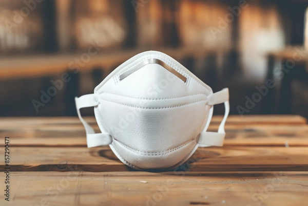 Fototapeta Closeup of a dust mask with adjustable straps, placed on a workbench, essential for respiratory protection in woodworking and construction