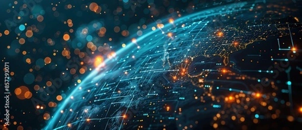 Fototapeta Earth with glowing connection lines and a digital data background, showcasing global network communication in