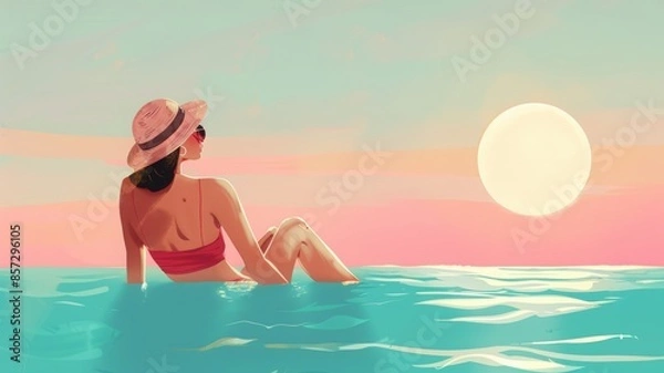 Fototapeta Woman relaxing in an infinity pool at sunset, with serene pastel skies and calm waters, in a peaceful summer illustration, hello summer. wallpaper with copy space