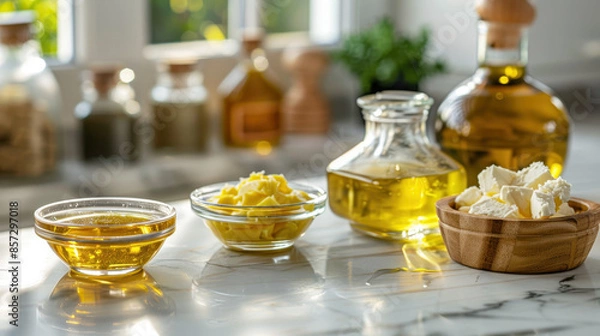 Fototapeta Cooking fats and oils variety shot, featuring ghee, vegetable oil, and butter in small dishes, placed on a marble kitchen counter, with natural light emphasizing their unique properties.
