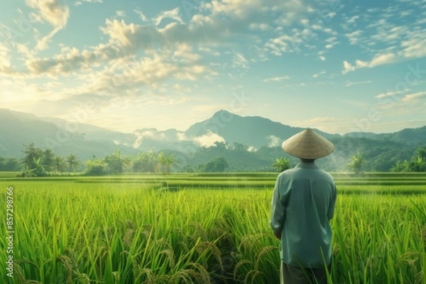 Fototapeta Discover the tranquility of rural landscapes with studio isolate shots portraying an Asian man farmer immersed in the beauty of his rice field.