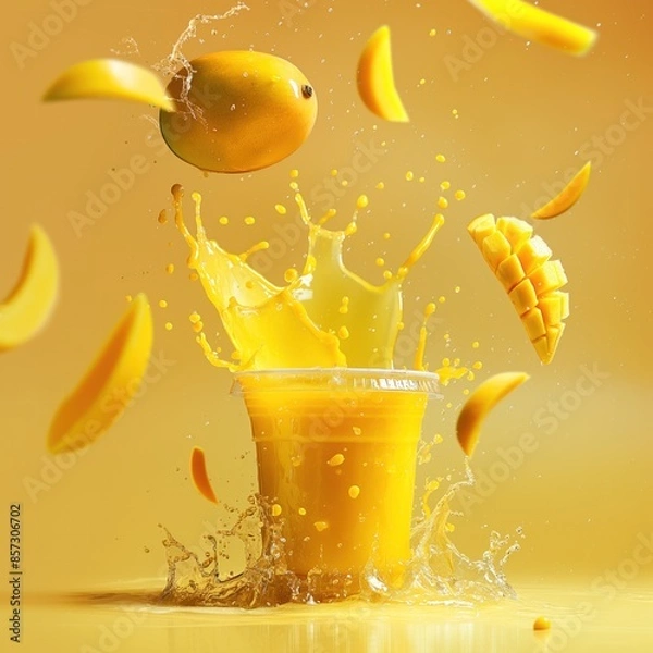 Obraz commercial product advertising for mango juice in a plastic cup with splashing juice and fruits