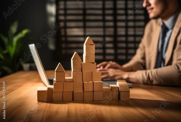 Fototapeta Businessman building a tower of wooden blocks with laptop on desk in office