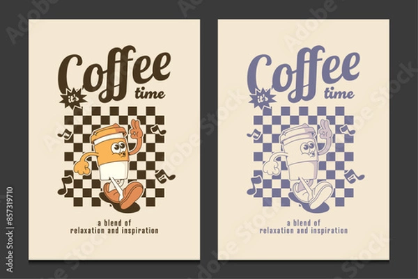 Obraz retro poster or graphic t-shirt design with coffee cup mascot cartoon character, vector illustration