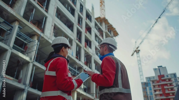 Fototapeta Structural engineer and foreman discussing plans with touch pad at construction site, coordinating tasks for building project