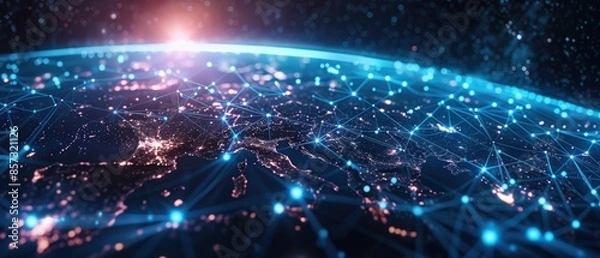 Fototapeta Highquality Earth with glowing digital network lines on a data matrix background, showcasing global connectivity in realism