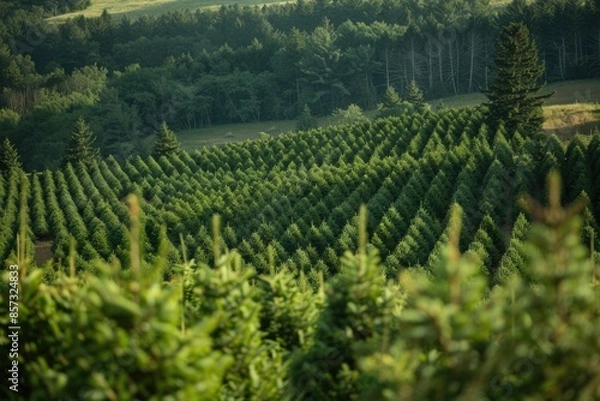 Fototapeta Christmas Tree Field. Picturesque Rows of Douglas Fir Trees in Lush Green Forest