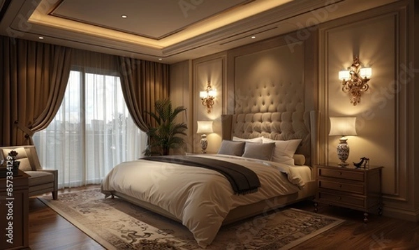 Fototapeta Elegant bedroom with a blank wall sconce