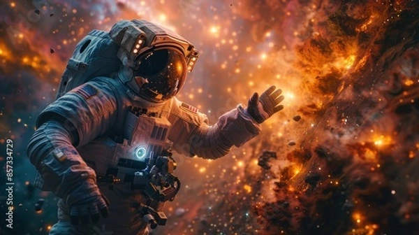 Fototapeta An astronaut floats in space, reaching out towards a fiery nebula