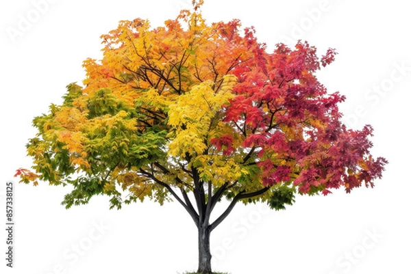 Obraz Vibrant tree with colorful autumn foliage in shades of red, orange, and yellow, isolated on a transparent background.