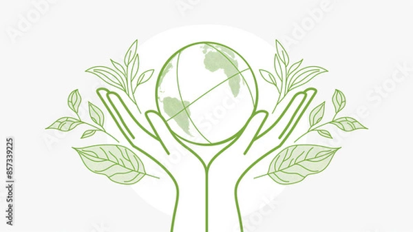 Fototapeta Ecology concept with green hands holding world globe and leaves. Global sustainable environment concept.