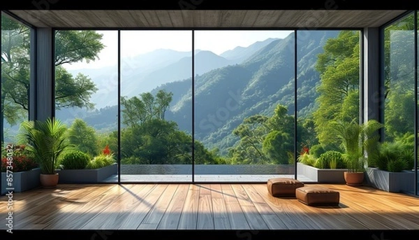 Fototapeta View from the window of the green mountain valley