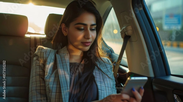 Fototapeta A beautiful woman in office clothes sits with a phone in the car in the back seat. Business woman with a phone in her hands solving work issues. Transport concept.