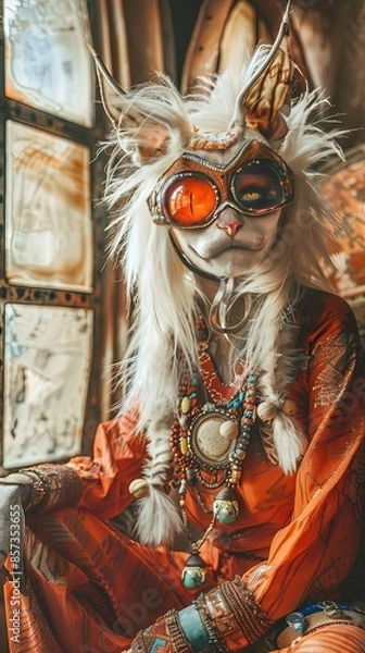 Fototapeta A cat in a red outfit with different eyes