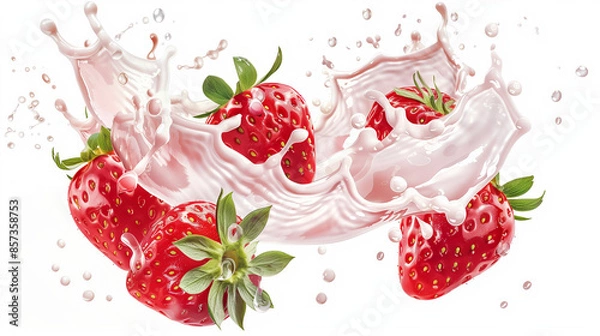 Fototapeta Fresh strawberries splashing in pink liquid with scattered drops.