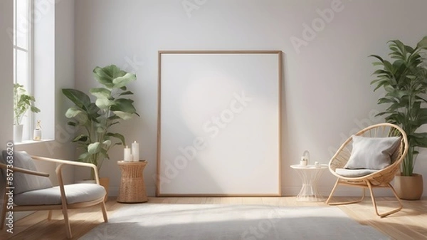 Fototapeta Frame mockup, ISO A paper size. Interior mockup with house background. Modern interior design. Living room wall poster mockup ,3D render