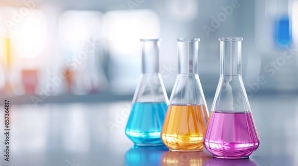 Obraz Diverse lab glassware with vibrant chemical solutions on a wooden table, modern lab environment with high-tech equipment and bright lighting