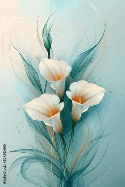 Fototapeta White Calla Lilies With Delicate Green Foliage Against a Blue Background