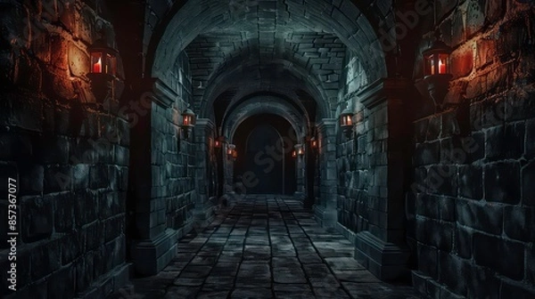 Fototapeta Dark dungeon long medieval castle corridor backgrounds, scary endless medieval catacombs with torches. Mystical nightmare concept. Generative AI