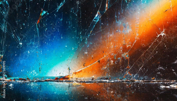 Fototapeta orange blue texture of broken display glass, cracks and dust glitch, background banner web design