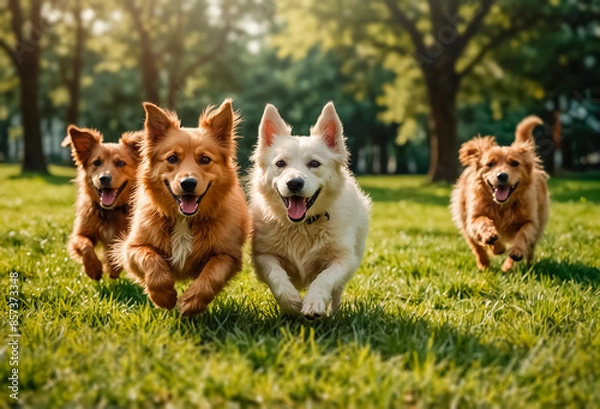 Fototapeta Cute funny dogs group running and playing on green grass in park