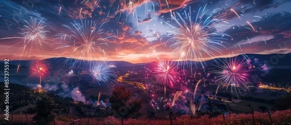 Fototapeta Sky filled with vibrant fireworks against a backdrop of scattered clouds over a city skyline, creating a festive and celebratory scene, Photography, long exposure,
