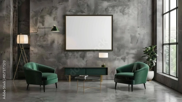 Fototapeta A living room with two green chairs and a white framed picture