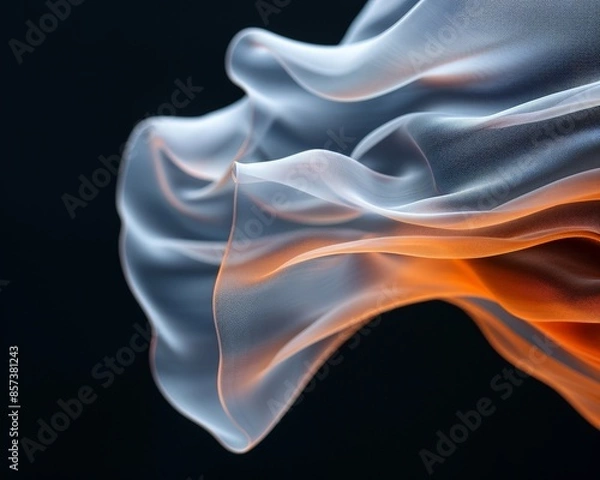 Obraz Abstract close-up of fluid, translucent fabric in motion with flowing lines, vibrant orange highlights, and dark background.