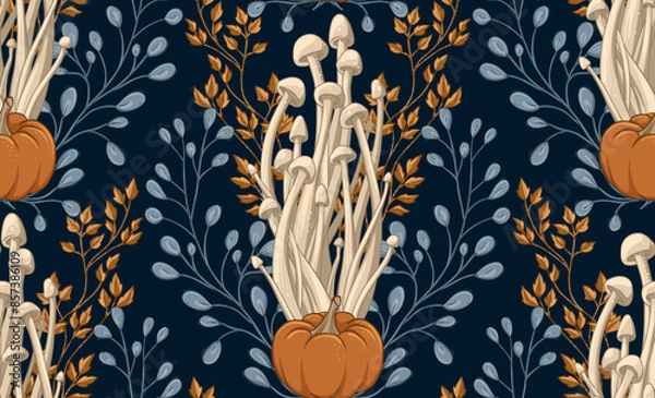Obraz Halloween Seamless Pattern with Poisonous Mushrooms, Forest Plants and Pumpkins, Hand Drawn Vector Illustration. Design for fabric and wallpaper.
