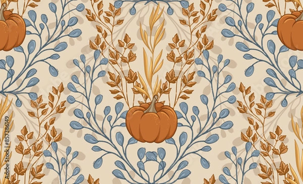 Obraz Autumn seamless pattern with pumpkins, plants and oats, harvest. Hand Drawn Illustration, Design for Fabric and Wallpaper.