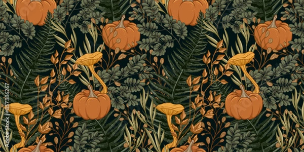 Obraz Halloween Seamless Pattern with Poisonous Mushrooms, Forest Plants and Pumpkins, Hand Drawn Vector Illustration. Design for fabric and wallpaper.