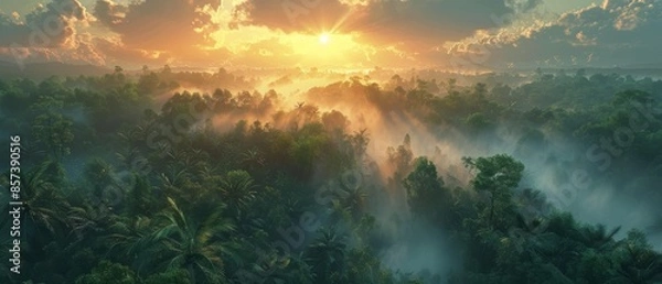 Fototapeta Sunrise over a dense jungle with mist rising,