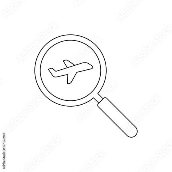 Fototapeta Search airplane, find flight icon line style isolated on white background. Vector illustration