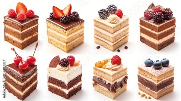 Fototapeta An assortment of luxurious layered cakes decorated with fresh berries and chocolate.