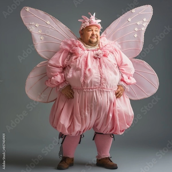 Fototapeta A cheerful man embraces a whimsical costume, donning a pink fairy outfit complete with delicate wings and playful accessories.