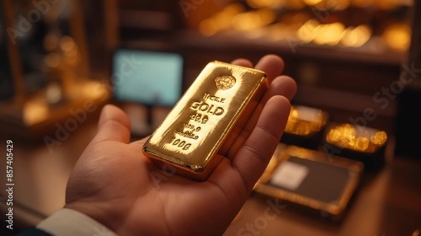 Fototapeta A hand holds a shiny gold bar, exemplifying wealth and investment, with a blurred background of more gold items.