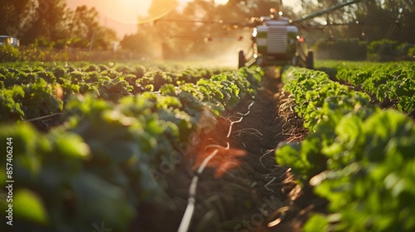 Fototapeta Advanced agriculture with robot farmers tending to crops.