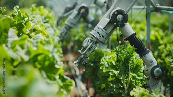 Fototapeta Advanced agriculture with robot farmers tending to crops.