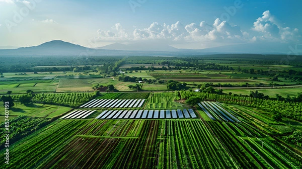 Fototapeta An agricultural field with solar-powered irrigation systems.