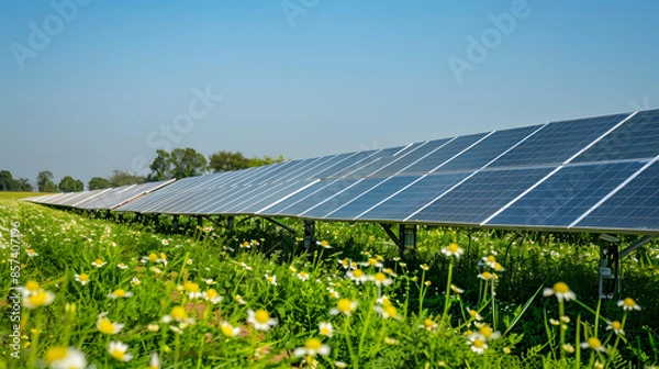 Fototapeta An agricultural field with solar-powered irrigation systems.