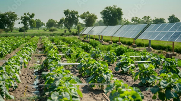 Fototapeta An agricultural field with solar-powered irrigation systems.