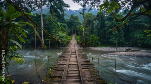 Fototapeta An ancient hanging bridge over a vibrant dense jungle river.