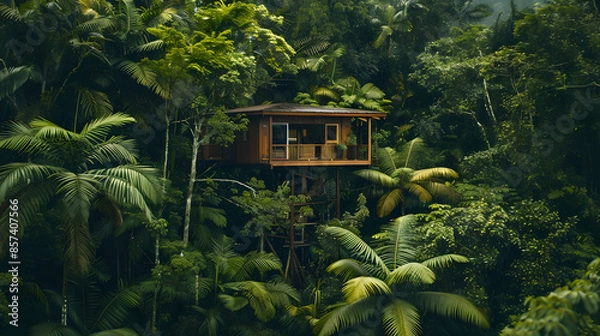 Fototapeta An eco-friendly treehouse surrounded by dense rainforest foliage.