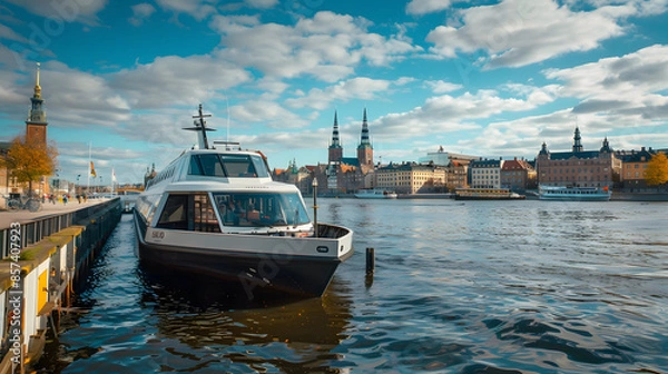 Fototapeta An electric ferry docked at a pier with a cityscape in the background.