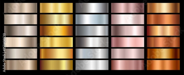Obraz Gold rose, silver, bronze, copper and golden foil texture gradation background set. Vector shiny and metalic gradient collection for border, frame, ribbon, label design