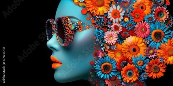 Fototapeta illustration of a flower power woman with sunglasses surrounded by flowers in the style of the 60s
