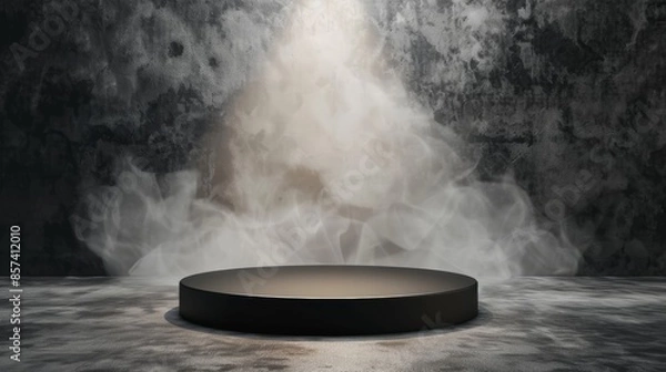 Fototapeta Smoky dark stage with a black podium, spotlight illuminating the platform, abstract texture of the floor and concrete wall, ideal for an empty night room product display